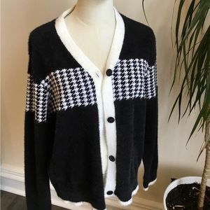 YAL Black & White Soft Button Down Women’s Cardigan Sweater w/Herringbone Sz XL